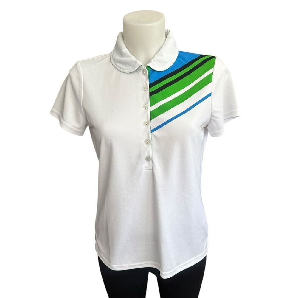 NVO by Lanctot Womens Golf Shirt‎ Green Stripe 1/2 Buttoned sz Small